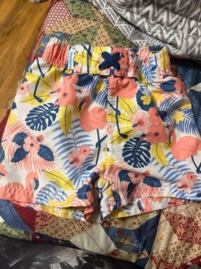 Boy's Tropical Flamingo Swim Trunks - Coral, Navy & Yellow